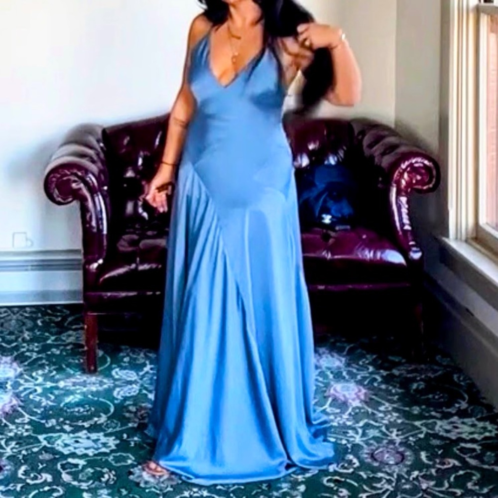 ASOS Dusty Blue Bridesmaid Satin Plunge Maxi Dress - Size 6